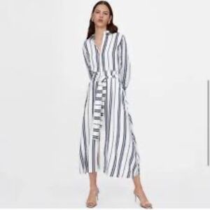 Zara Dress Midi Striped Shirt Dress Tie Waist White Blue Linen size large
